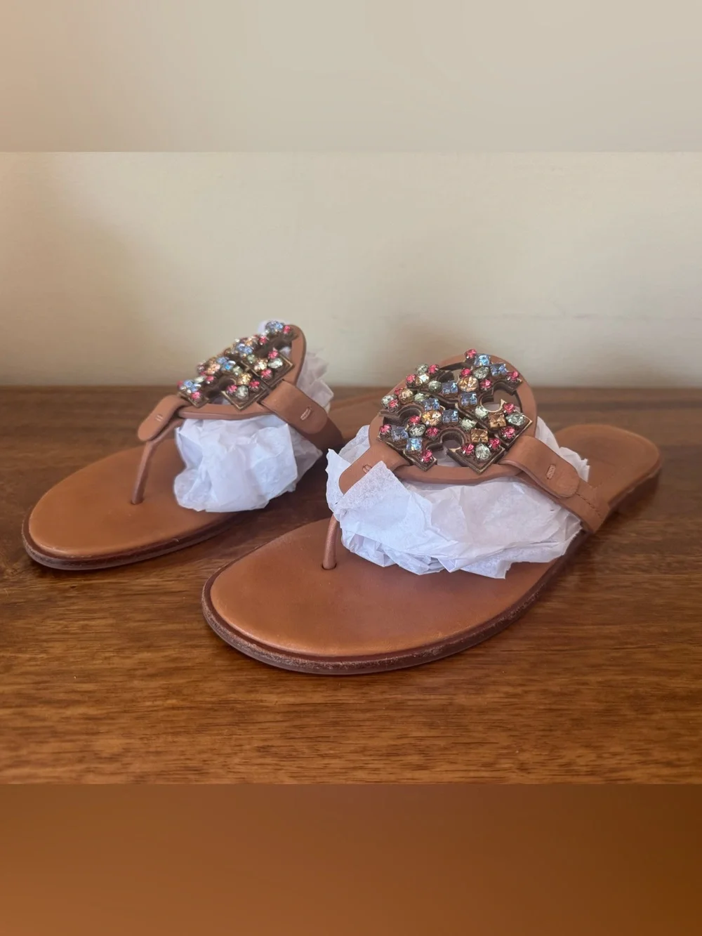 Camel Leather Tory Burch Miller Sandal Crystal Ladies Sandals Flip Flops - 9